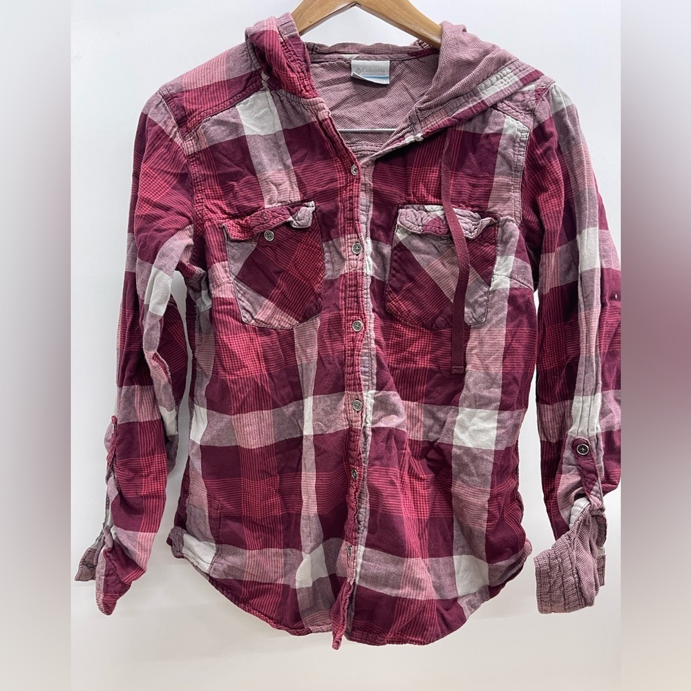 Columbia Kids Red Plaid Hooded Flannel Button Down Shirt Large L Roll Tab Sleeve